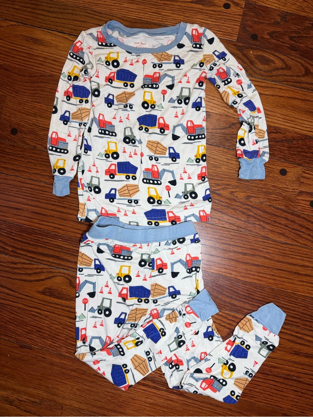 Little Sleepies Bamboo Pajama Set with Blue Trim and Multicolor Trucks